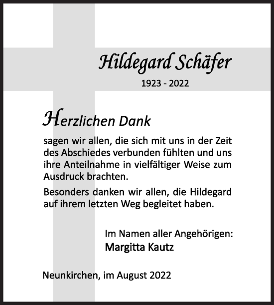 Traueranzeige von Hildegard Schäfer von Siegener Zeitung