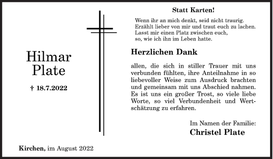 Traueranzeige von Hilmar Plate von Siegener Zeitung