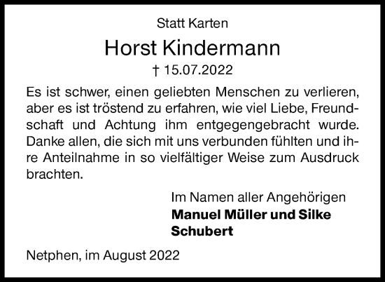 Traueranzeige von Horst Kindermann von Siegener Zeitung