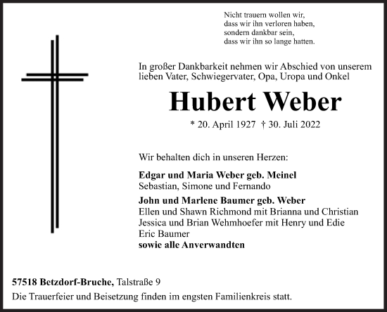 Traueranzeige von Hubert Weber von Siegener Zeitung