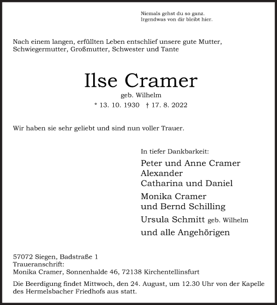 Traueranzeige von Ilse Cramer von Siegener Zeitung