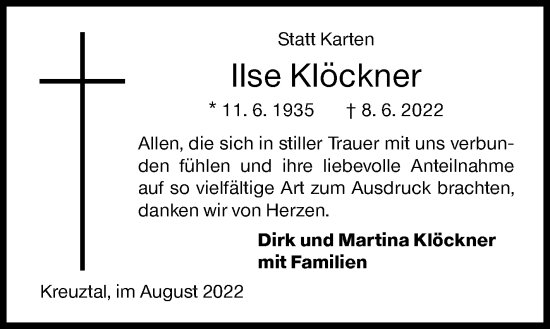 Traueranzeige von Ilse Klöckner von Siegener Zeitung