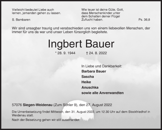 Traueranzeige von Ingbert Bauer von Siegener Zeitung