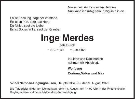 Traueranzeige von Inge Merdes von Siegener Zeitung