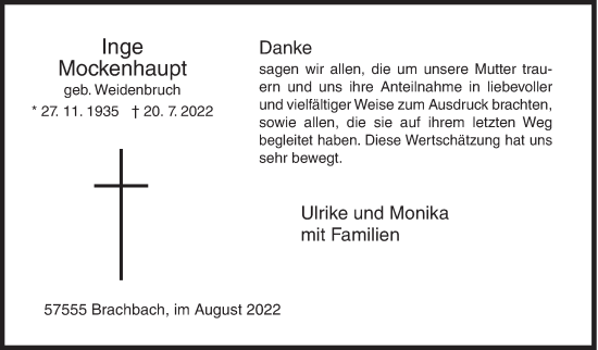 Traueranzeige von Inge Mockenhaupt von Siegener Zeitung