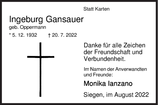 Traueranzeige von Ingeburg Gansauer von Siegener Zeitung