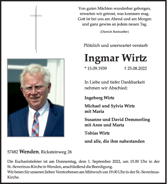 Traueranzeige von Ingmar Wirtz von Siegener Zeitung