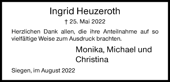 Traueranzeige von Ingrid Heuzeroth von Siegener Zeitung