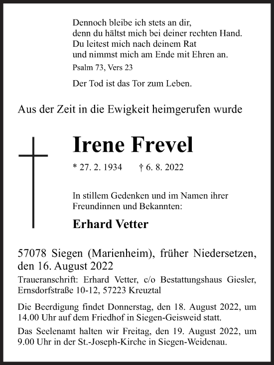 Traueranzeige von Irene Frevel von Siegener Zeitung