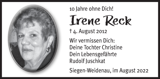 Traueranzeige von Irene Reck von Siegener Zeitung