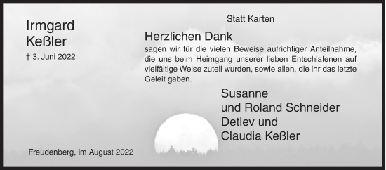 Traueranzeige von Irmgard Keßler von Siegener Zeitung