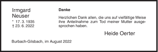 Traueranzeige von Irmgard Neuser von Siegener Zeitung