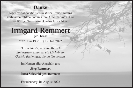 Traueranzeige von Irmgard Remmert von Siegener Zeitung