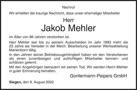 Traueranzeige von Jakob Mehler von Siegener Zeitung