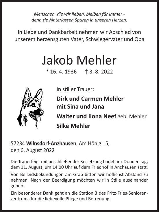 Traueranzeige von Jakob Mehler von Siegener Zeitung