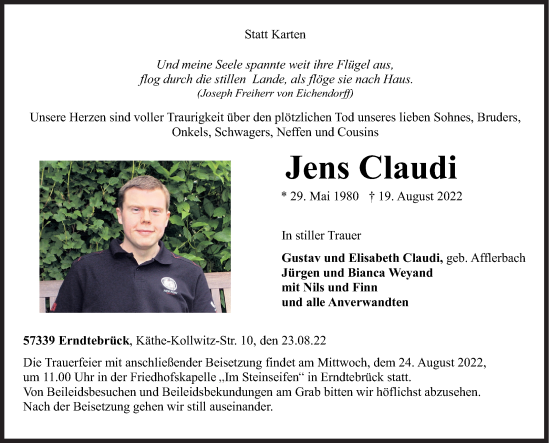 Traueranzeige von Jens Claudi von Siegener Zeitung