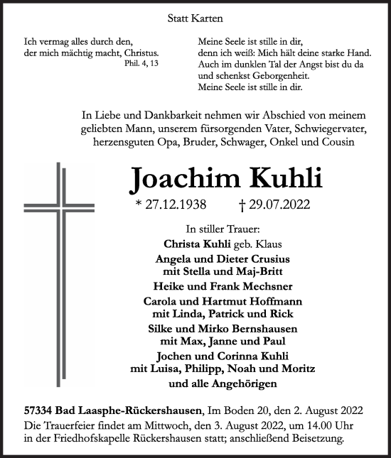 Traueranzeige von Joachim Kuhli von Siegener Zeitung