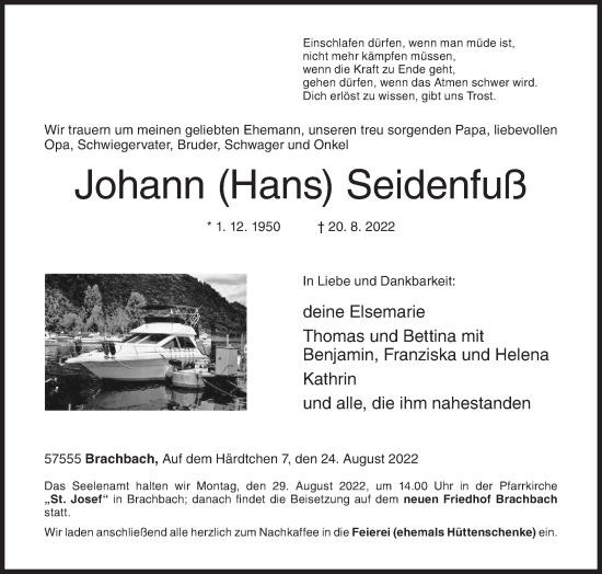 Traueranzeige von Johann Seidenfuß von Siegener Zeitung