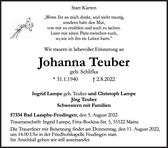 Traueranzeige von Johanna Teuber von Siegener Zeitung