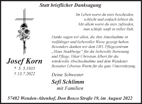 Traueranzeige von Josef Korn von Siegener Zeitung