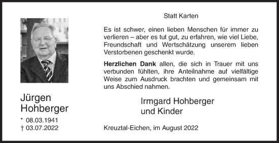 Traueranzeige von Jürgen Hohberger von Siegener Zeitung