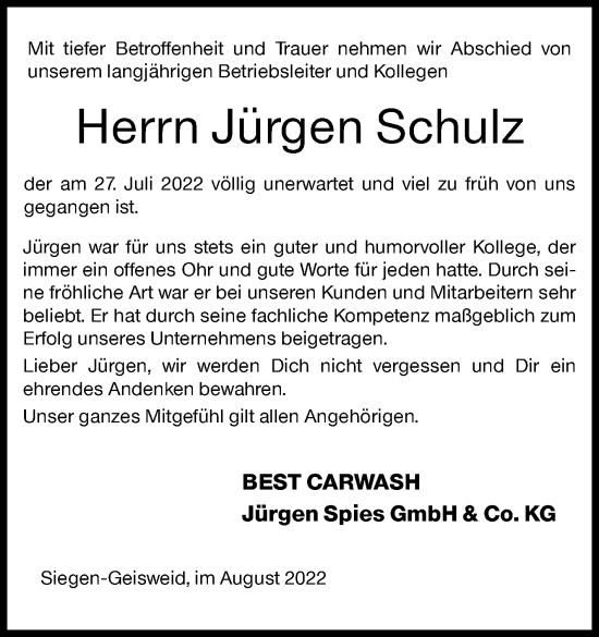 Traueranzeige von Jürgen Schulz von Siegener Zeitung
