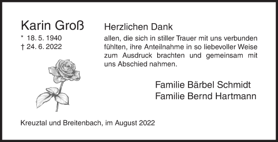 Traueranzeige von Karin Groß von Siegener Zeitung