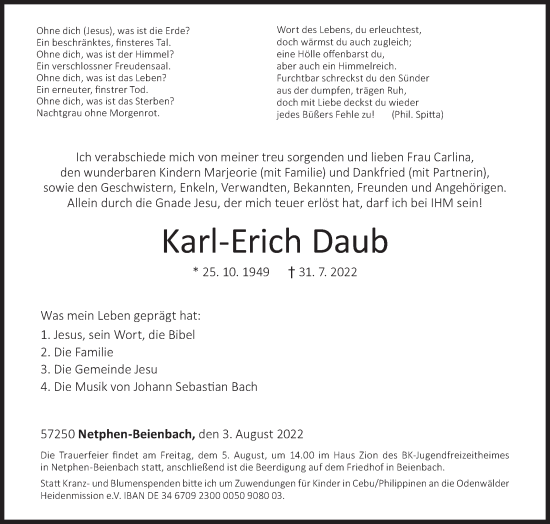 Traueranzeige von Karl-Erich Daub von Siegener Zeitung
