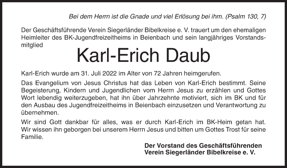  Traueranzeige für Karl-Erich Daub vom 03.08.2022 aus Siegener Zeitung