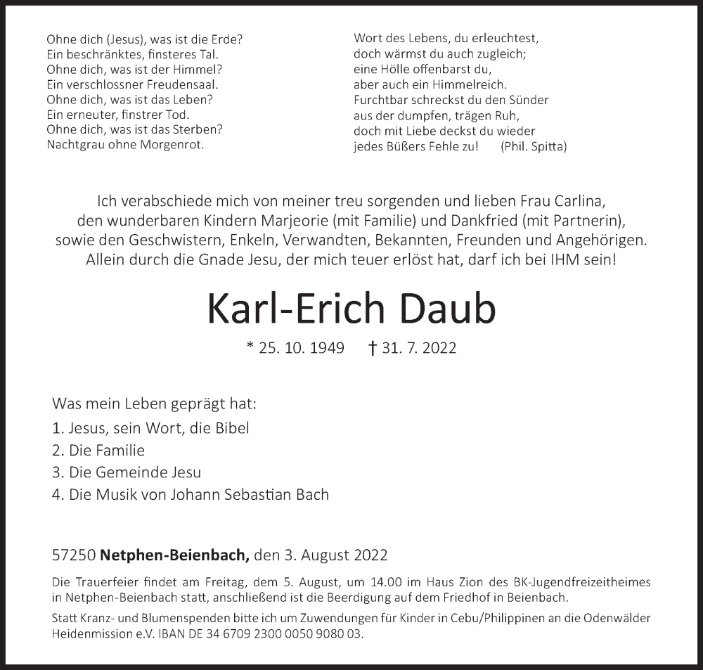  Traueranzeige für Karl-Erich Daub vom 03.08.2022 aus Siegener Zeitung