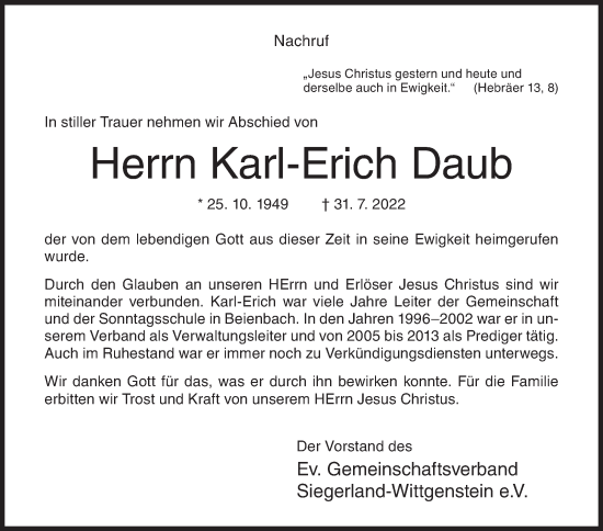 Traueranzeige von Karl-Erich Daub von Siegener Zeitung