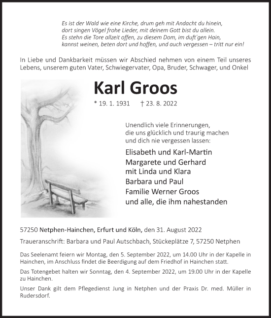 Traueranzeige von Karl Groos von Siegener Zeitung
