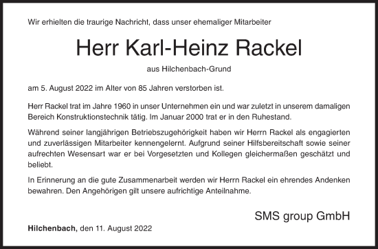 Traueranzeige von Karl-Heinz Rackel von Siegener Zeitung
