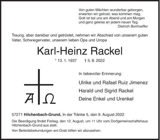 Traueranzeige von Karl-Heinz Rackel von Siegener Zeitung