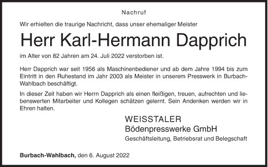 Traueranzeige von Karl-Hermann Dapprich von Siegener Zeitung