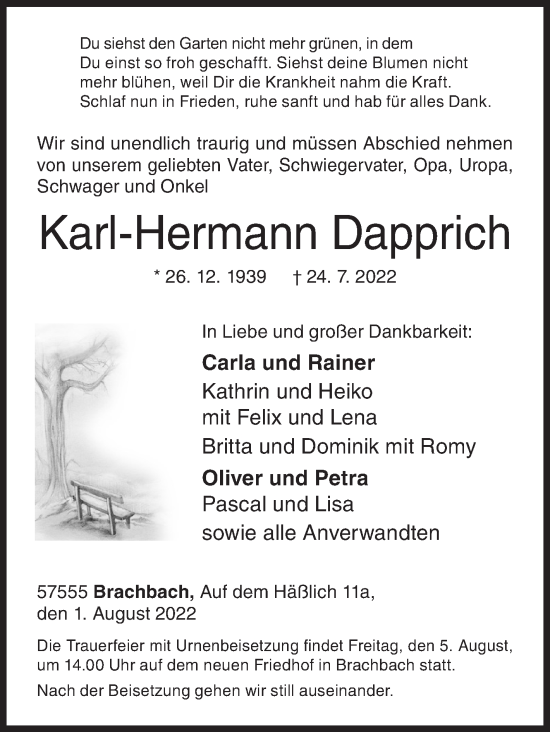 Traueranzeige von Karl-Hermann Dapprich von Siegener Zeitung