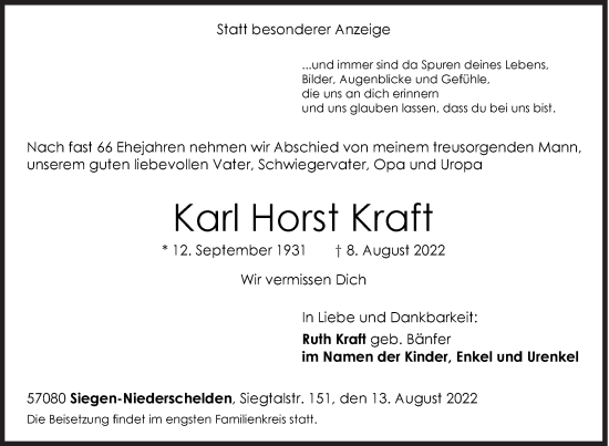 Traueranzeige von Karl Horst Kraft von Siegener Zeitung