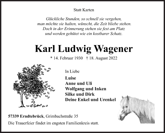 Traueranzeige von Karl Ludwig Wagener von Siegener Zeitung