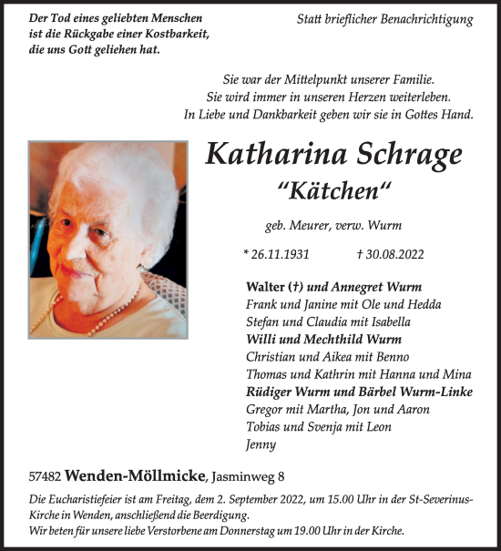 Traueranzeige von Katharina Schrage von Siegener Zeitung