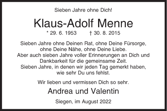 Traueranzeige von Klaus-Adolf Menne von Siegener Zeitung