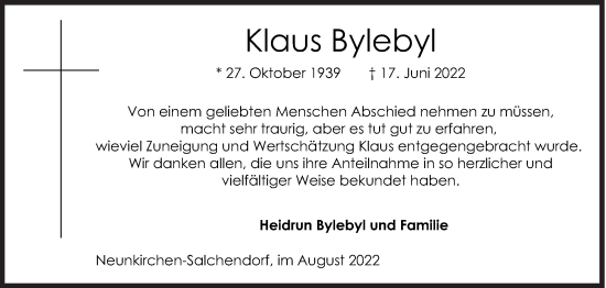 Traueranzeige von Klaus Bylebyl von Siegener Zeitung