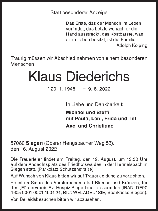 Traueranzeige von Klaus Diederichs von Siegener Zeitung