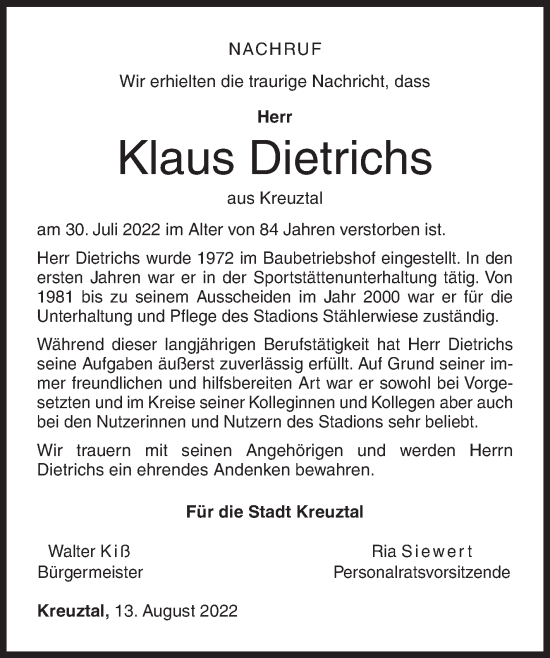 Traueranzeige von Klaus Dietrichs von Siegener Zeitung