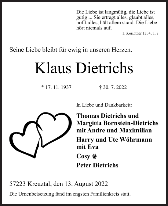Traueranzeige von Klaus Dietrichs von Siegener Zeitung