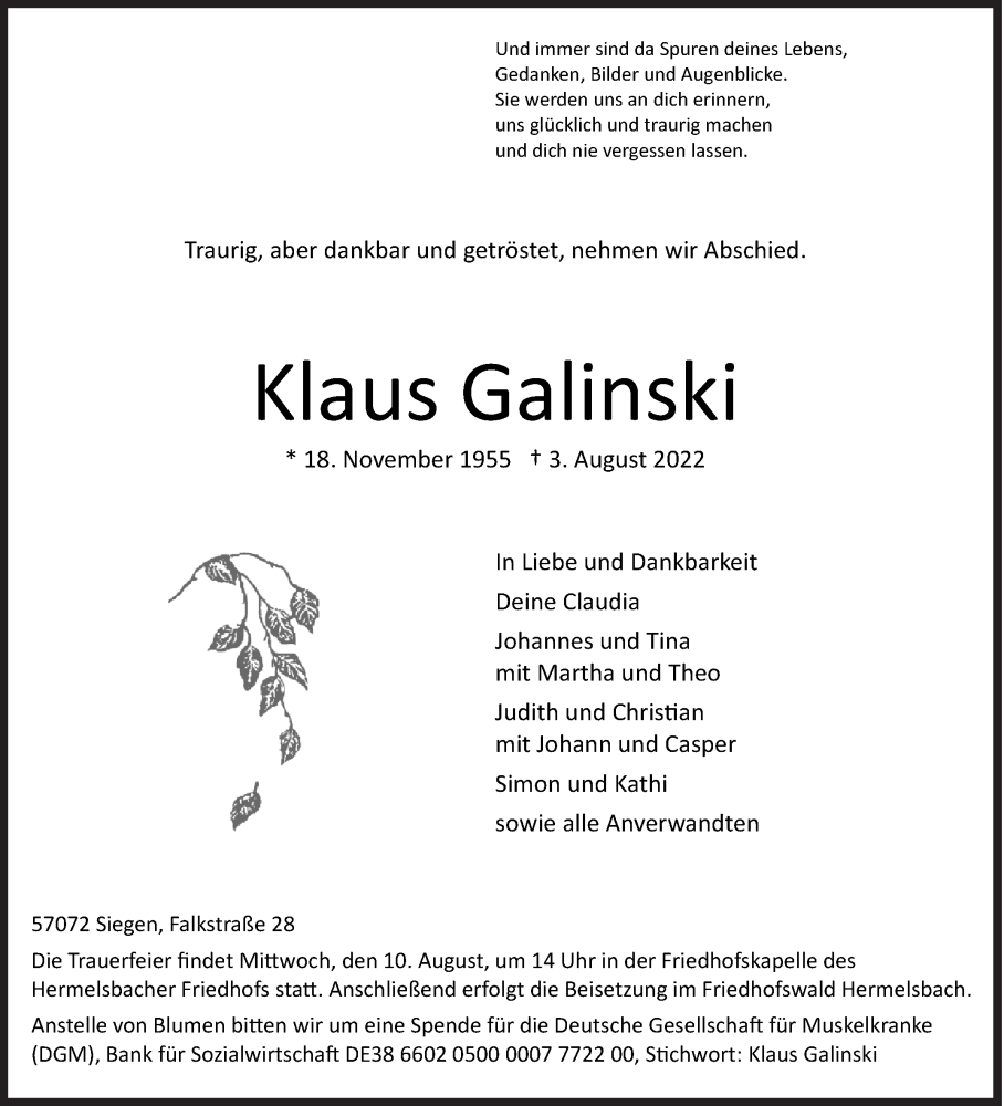  Traueranzeige für Klaus Galinski vom 08.08.2022 aus Siegener Zeitung
