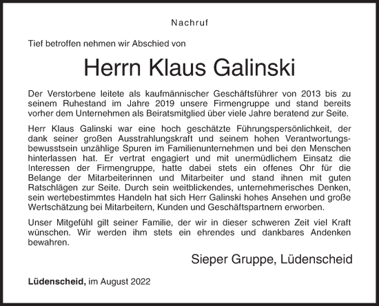 Traueranzeige von Klaus Galinski von Siegener Zeitung