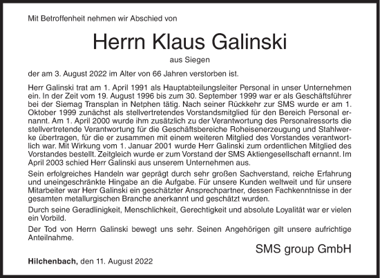 Traueranzeige von Klaus Galinski von Siegener Zeitung