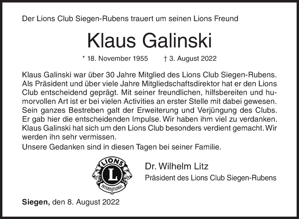  Traueranzeige für Klaus Galinski vom 08.08.2022 aus Siegener Zeitung