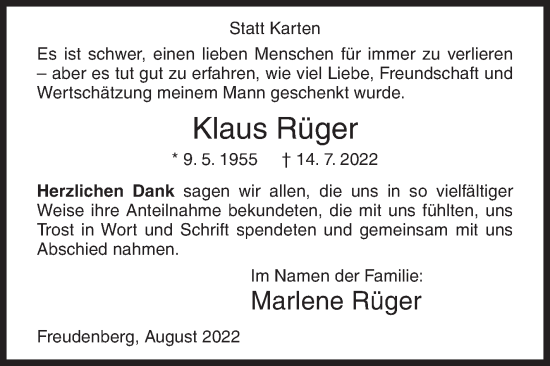 Traueranzeige von Klaus Rüger von Siegener Zeitung