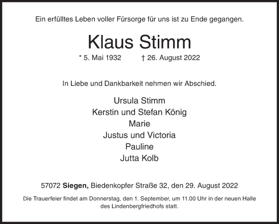 Traueranzeige von Klaus Stimm von Siegener Zeitung